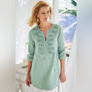 Soft Surroundings Embroidered Tunic Top Rhinestone Lined Pockets Sage Sz Medium